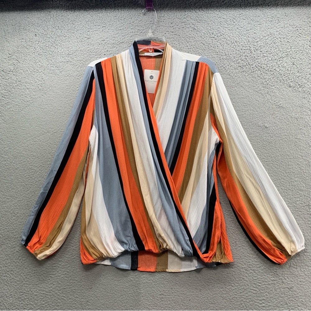 Ces Femme Stripe Surplus Top Blouse Women Size M Colorblock Faux Wrap Open Front